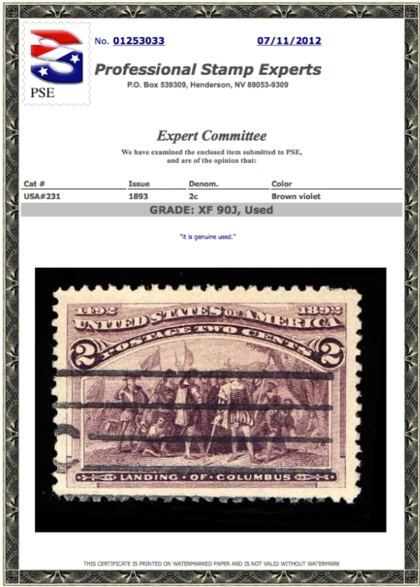 #231 Used, 2 cent Columbian PSE Graded 90J-Jumbo, PSE Cert # 01253033 - Image 1 of 1