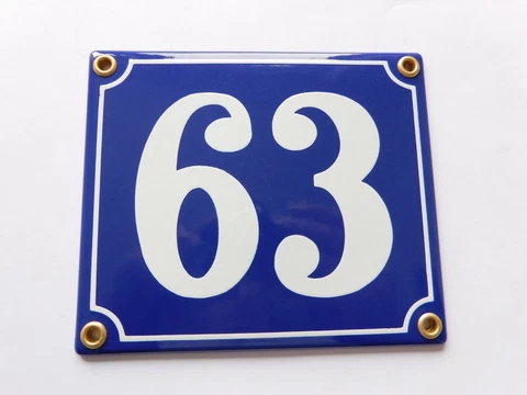 Old French Blue Enamel Porcelain Metal House Door Number Street Sign / Plate 63 Cover