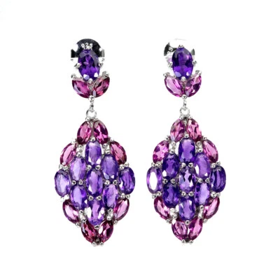 Pendientes de plata de ley 925 ovalados amatista rodolita piedras preciosas naturales joyería Foto 1 de 4