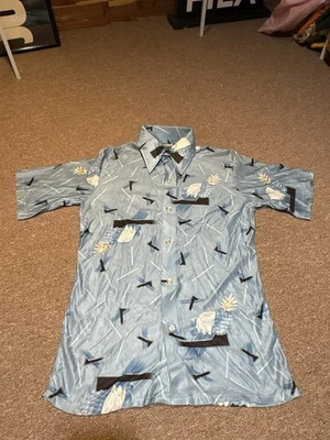 Camisa Daga Vintage Años 70 Cromo Azul Estampado Poliéster Abotonada Foto 1 de 4