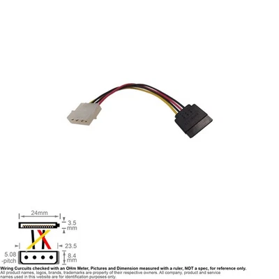 Cable Internal DC Power IDE Molex 4-Pin Male SATA 15-Pin Female 6" - Image 1 of 2