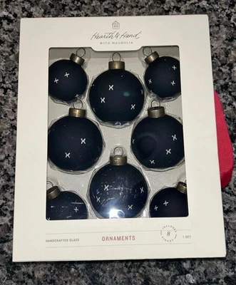 Hearth & Hand Magnolia Glass Christmas Ornaments (8) Black Off White X Stitch - Image 1 of 4