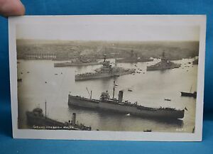 Real Photo RP Postcard Royal Navy Battleships Atlantic Fleet Grand Harbour Malta