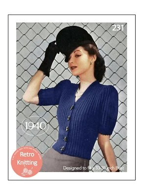 1940's Stylish Wartime Puff Sleeve Cardigan Knitting Pattern Bust 33-35 - Image 1 of 2