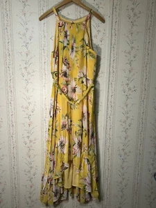 Vince Camuto Women’s Floral Chiffon Hi/Low Halter Dress W/Belt Yellow Size 10 - Picture 1 of 7