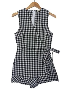 Entro Shorts Romper Women S Black White Gingham Sleeveless Ruffle Feminine - Picture 1 of 8