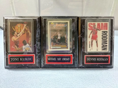 LOT OF 3 PLAQUES MICHAEL JORDAN, DENNIS RODMAN & TONI KUKOC 4 1/2 x 6 1/2 BULLS Cover