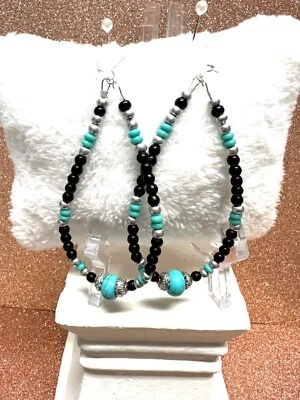 Black Seed Bead Teardrop Sterling Earrings W Turquoise Roundelle Beads 3 3/4 In - Image 1 of 4