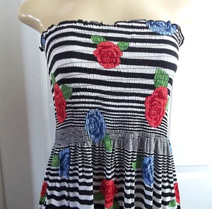 -FLORAL STRIPE BLACK WHITE RED ROSES SUMMER ELASTIC DRESS MAXI LONG STRAPLESS 1X - Picture 1 of 7