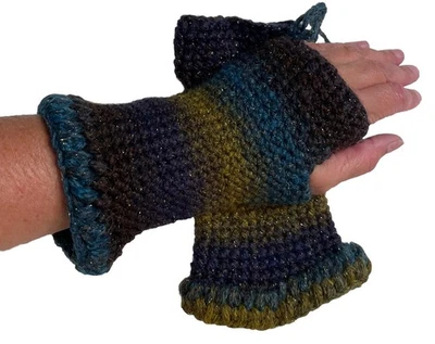 Guantes sin dedos de ganchillo hechos a mano guantes verde azul negro brillante nuevos OSFM Foto 1 de 4