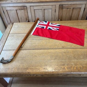 VINTAGE YACHT BOAT RED ENSIGN FLAG PANEL STITCHED ON WOODEN POLE & METAL BRACKET - Picture 1 of 13