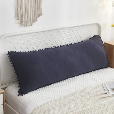 Blue Body Pillow Cover Shabby Chic Long Pillow Case Cover Navy Blue Pom Poms ... - Image 1 of 4