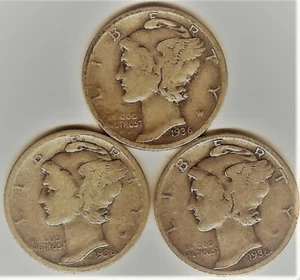 1936 PDS  set of Three Mercury Dimes 90 % Silver PDS VG to Fine  - Picture 1 of 2