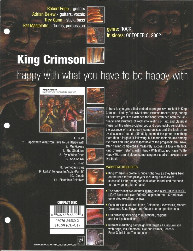 Póster de anuncio de comercio promocional King Crimson 2002 vintage para Happy With CD COMO NUEVO 8,5x11 Foto 1 de 1