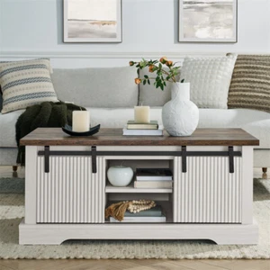 Farmhouse Coffee Table with Shelves & Sliding Barn Door Modern Cocktail Table - Picture 1 of 13