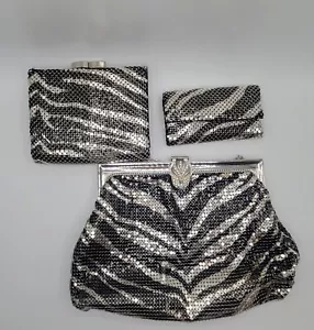 ART DECOStyleWHITING DAVIS 3 pc Silver Zebra Metal mesh PURSE Coin And Key Purse - Picture 1 of 15