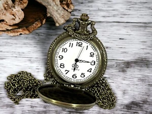 Bronze Horse Mechanical Quartz Pocket Watch White Dial Necklace Chain 32" - Picture 1 of 3