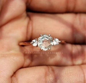 Hexagon Natural Aquamarine Ring Engagement Rings Promise Ring Minimalist Ring - Picture 1 of 8