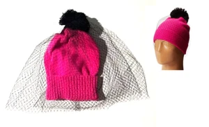 Betsey Johnson Fuchsia Pink Beanie Cap Black Net Veil Fishnet Hat Adult OSFM - Picture 1 of 1