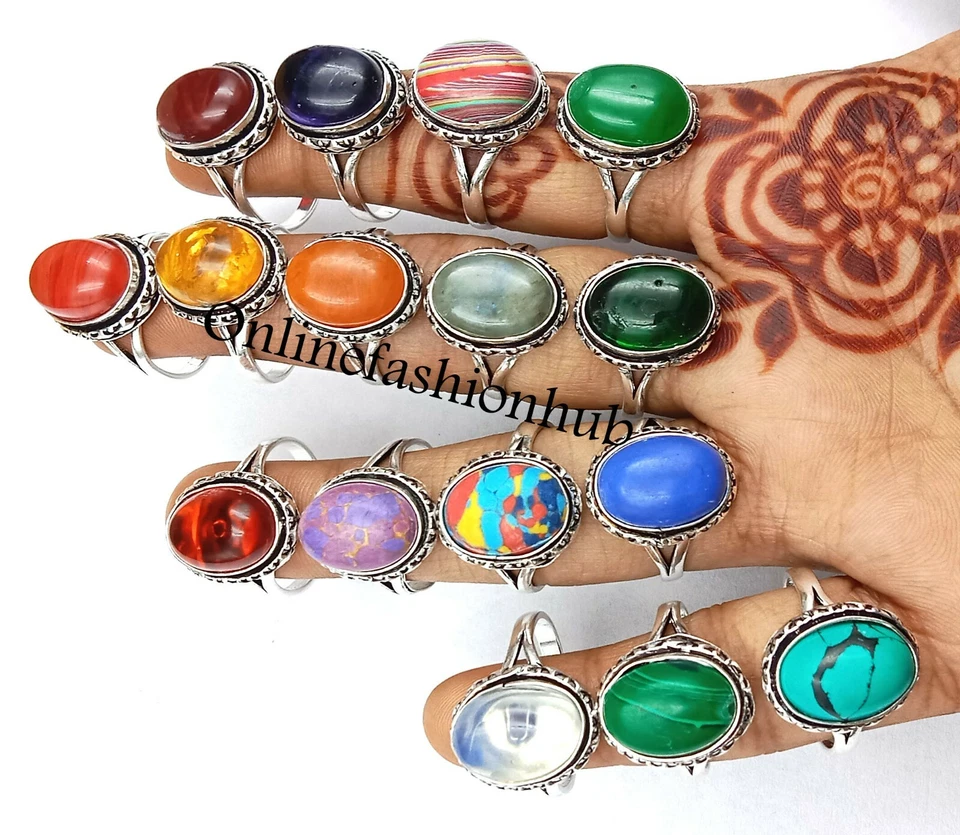 Green Onyx & Mix Gemstone 925 Sterling Silver Plated Wholesale Lot Rings Jewelry - Image 1 of 1