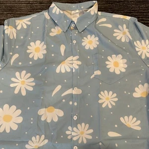 Golf Shirt Mens 2XL Button Up Hawaiian Shirt Daisy Flower Print On Blue Casual - Picture 1 of 8