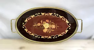 Vassoio da portata vintage intarsio italiano legno intarsiato floreale ottone manici ovale - Foto 1 di 9