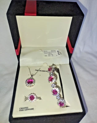 PINK SAPPHIRE Silver Plate BRACELET NECKLACE RING Set Gift BOX NEW Stunning J23 - Image 1 of 4