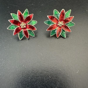 Pendientes de Navidad perforados vintage de flor de pascua tono dorado esmalte rojo verde - Imagen 1 de 10
