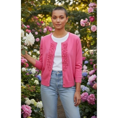 TALBOTS New Pink Ruffle Front Cardigan Sweater 3/4 Sleeve Gold Button  Sz L # - Image 1 of 4