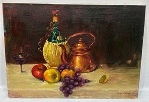 Dipinto olio natura morta vino frutta originale vintage firmato Ulla Stoner 14"x10" - Foto 1 di 7