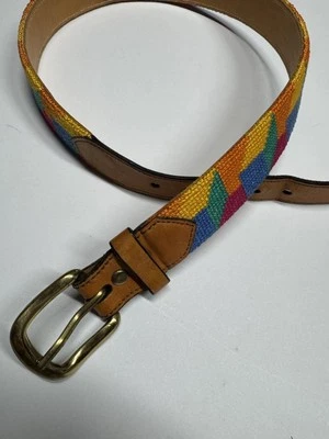 Vintage Woven Tapestry Southwestern Geometric Belt Brass Buckle Size S Brass - Image 1 of 4