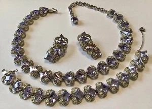 VINTAGE BOGOFF SIGNED PURPLE RHINESTONE NECKLACE BRACELET & EARRINGS - Picture 1 of 3