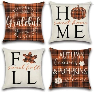 Fall Home Sweet Pillow Covers Orange Black Buffalo Check Plaid Pumpkin Throw ... - Image 1 of 4