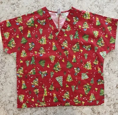 Holiday Christmas Red/Green Tree Print Scrub Top Womens (oversized) Medium - Image 1 of 4