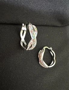 Double Crossed /Braid Pave Hoops Silver Tone/ Pastel Color Crystals/0.75” - Picture 1 of 4