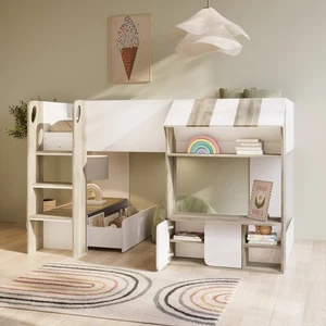 White and Oak Mid Sleeper Cabin bed with Storage - Marcel MRC001 - Picture 1 of 11