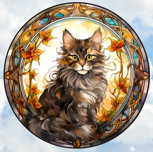 Long-Haired Calico Cat Faux Stained-Glass WINDOW CLING Sun-catcher Size 8" Round - Picture 1 of 2