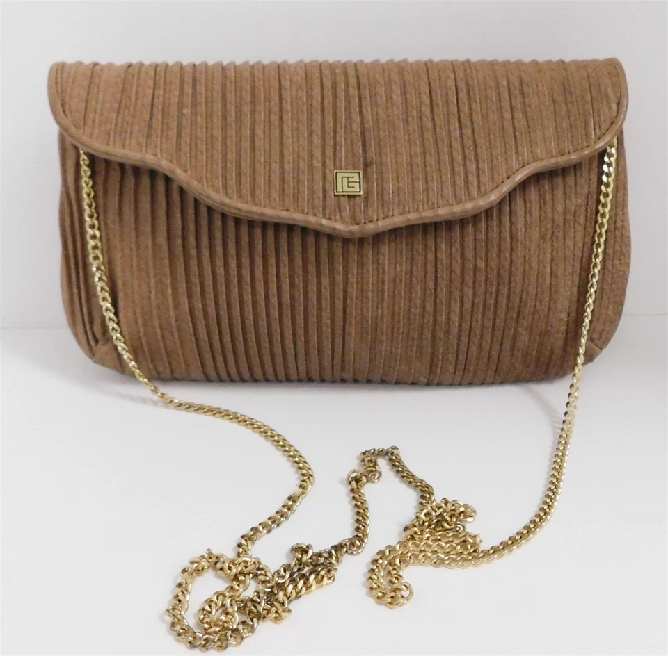 Pierre Balmain Vintage Tan Pleated Leather Gold Chain Crossbody Clutch Bag - Image 1 of 4