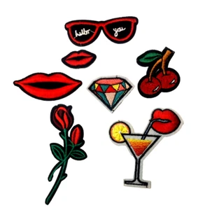 Red Lips Patch Set of 7 Iron On Embroidered  Diamond Rose Cherry Cocktail  - Picture 1 of 8