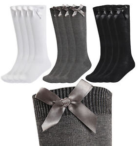 4 Pack Girls Knee High School Socks With Bows Long Plain Cotton Rich Party Socks