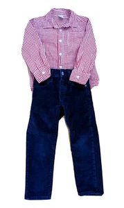 Boys Outfit Gap 4 Slim Navy Corduroy Pants + Gymboree XS 4 Red Check Shirt USA - Picture 1 of 11