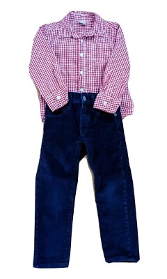 Boys Outfit Gap 4 Slim Navy Corduroy Pants + Gymboree XS 4 Red Check Shirt USA - Image 1 of 4