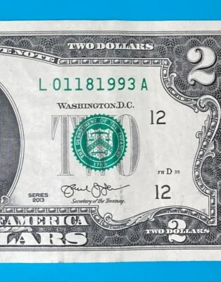 January 18, 1993 : L 01181993 A $2 Two Dollar Bill BIRTHDAY Note - Image 1 of 3