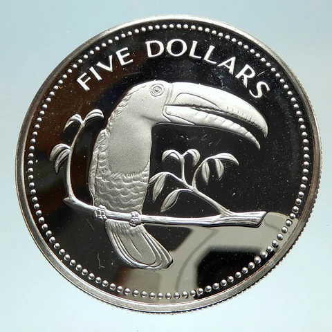 1975 BELIZE Avifauna Toucan Antique Genuine Antique Proof Silver $5 Coin i76816 Cover