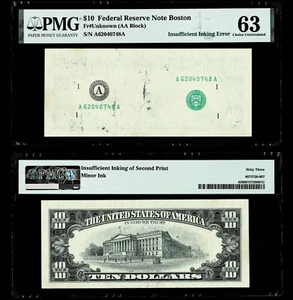 INSUFFICIENT INKING ERROR $10 FEDERAL RESERVE NOTE ~ PMG CHOICE UNCIRCULATED 63 - Picture 1 of 1
