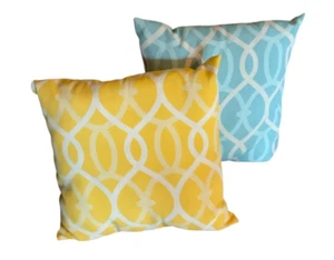 (2) Geometric Throw Pillows 16x16 in Turquoise/ Yellow/White Inside/Out Durable - Picture 1 of 6