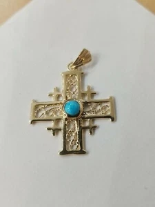 Colgante de Cruz de Jerusalén de Oro Amarillo 14k de Colección/Dije con una piedra central azul - Imagen 1 de 8