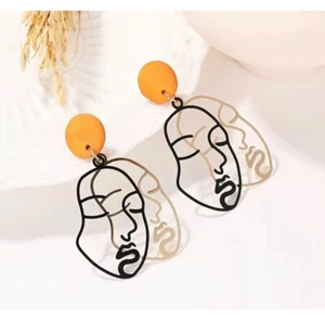 Gold Black Reversible Abstract Face Drop Earring - Picture 1 of 2