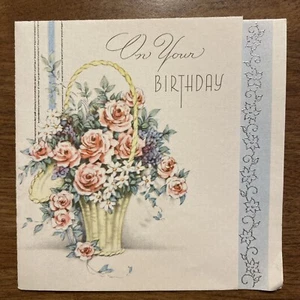 Tarjeta de felicitación de feliz cumpleaños vintage años 40 cesta de flores rosas P2C - Imagen 1 de 17