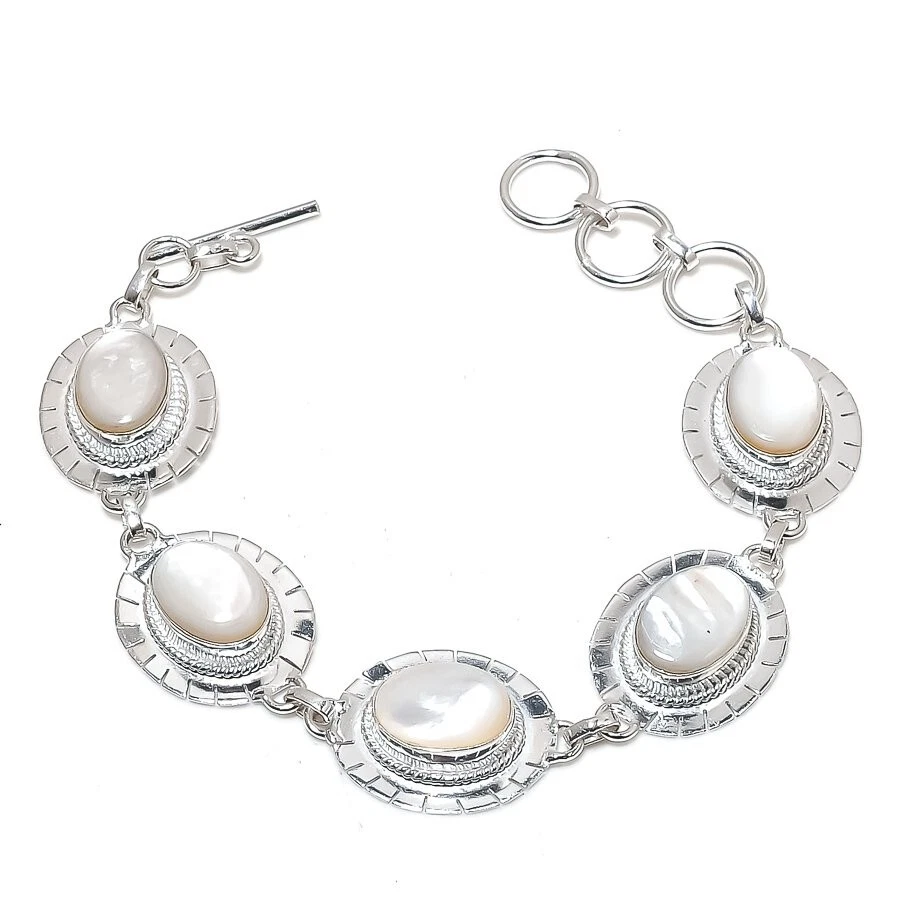 Natural Mother Of Pearl Gemstone 925 Sterling Silver Jewelry Bracelet Size 7-8" - Image 1 of 1